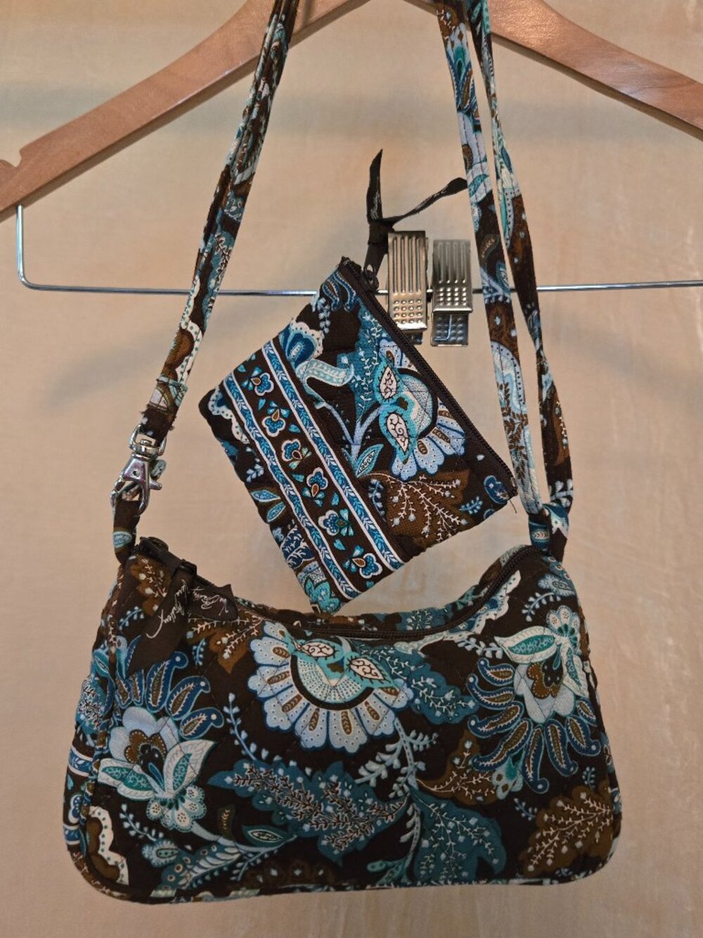 Vera Bradley Floral Shoulder Bag Set – Blue Brown Paisley Quilted Purse + Pouch